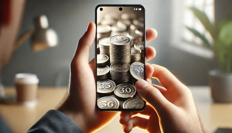 a smartphone being held in someone's hands. The phone screen displays a close-up of various coins arranged on it.