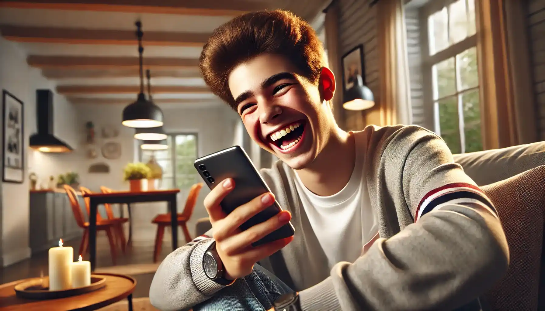 a laughing male teenager using a smartphone in a cozy and modern room.