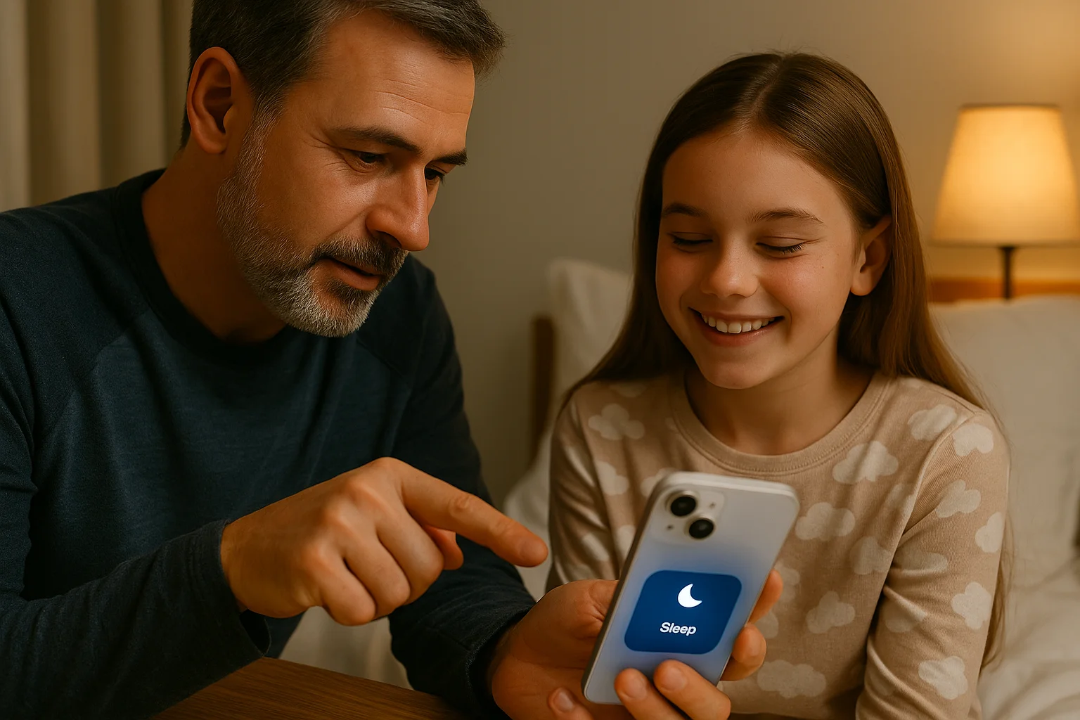 A father helps his daughter enable Sleep Focus mode on her iPhone before bedtime, teaching her how to stay protected from late-night spam calls.