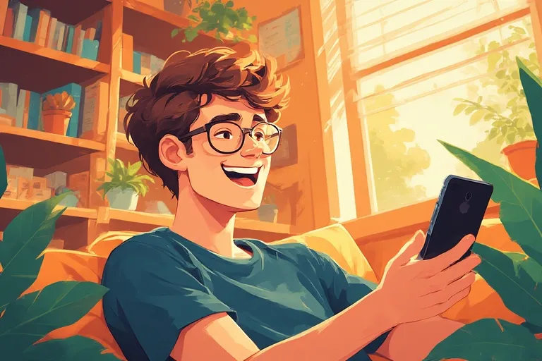 The guy is happy that he passed the level in the game on his phone