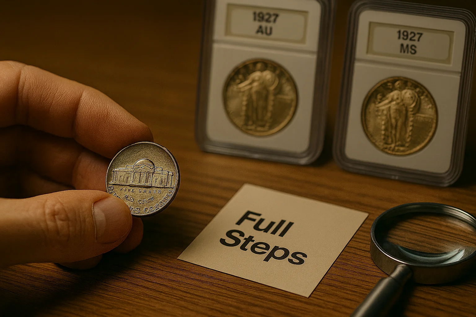 A close-up inspection of a Jefferson nickel highlights the importance of uninterrupted step lines, showing how Full Steps dramatically separate premium strikes from ordinary examples.