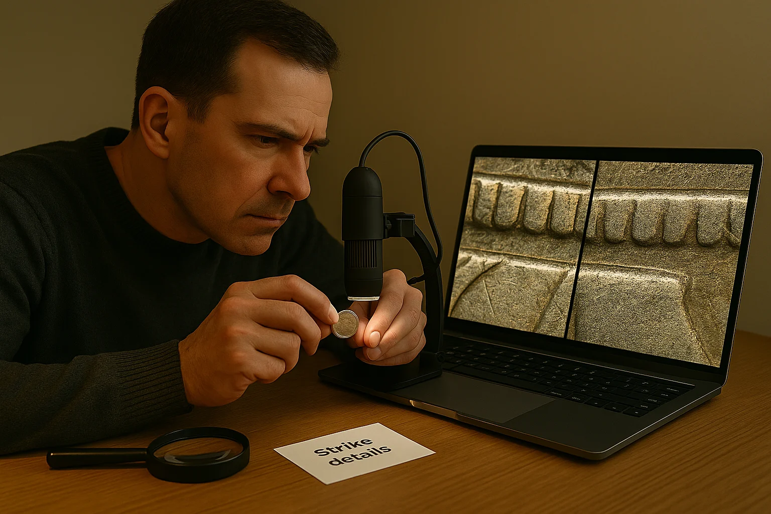 A collector examines strike-sensitive details under magnification, comparing microscopic relief differences that determine whether a coin shows full indicators or a weak strike.