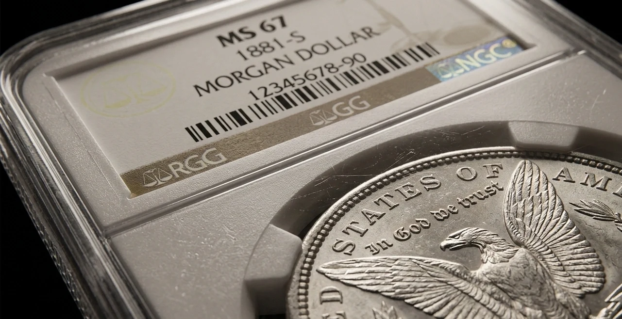 Extreme close-up of coin grading slab surface and coin inside